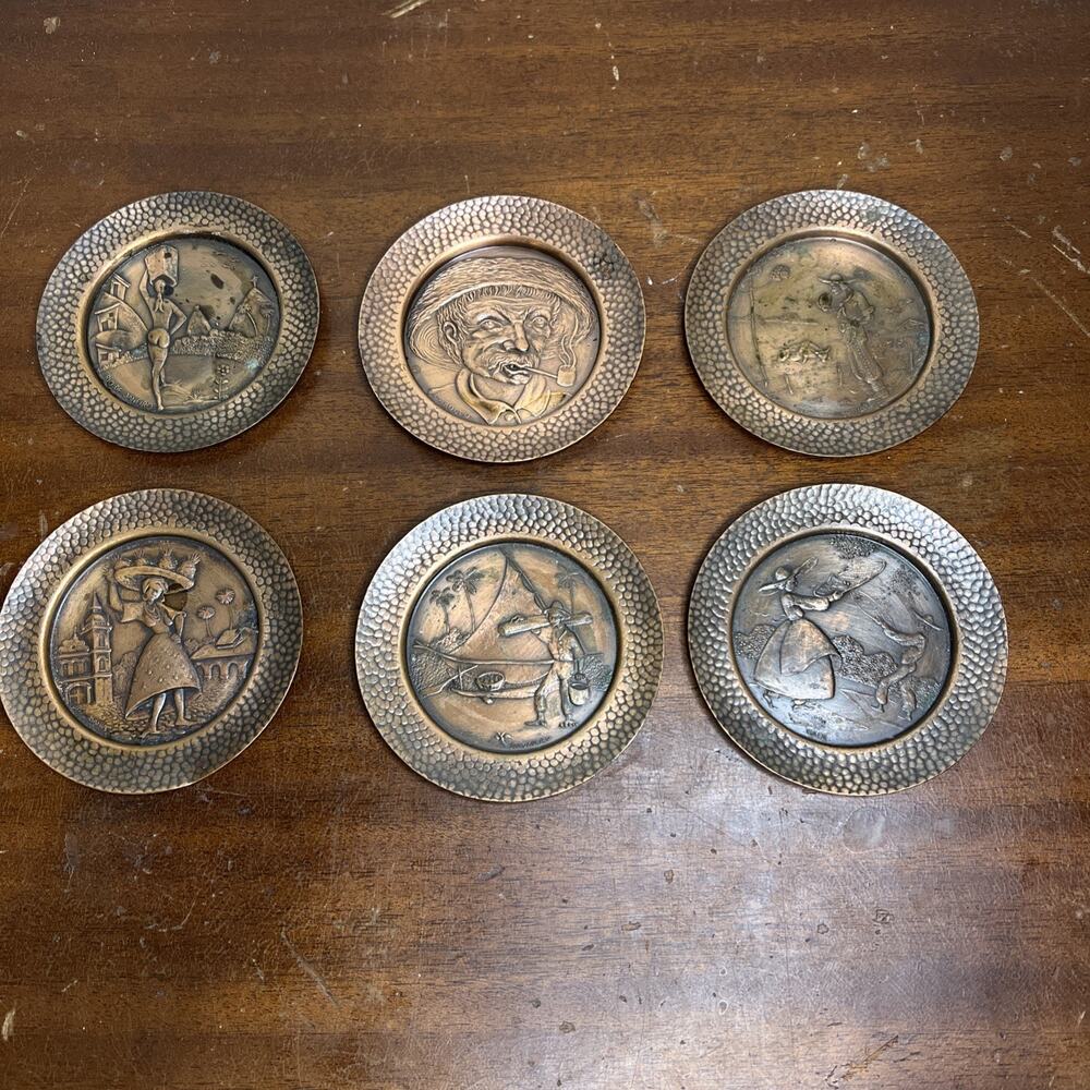 Beinal Mid Century Brazilian Embossed Copper Cultural Coasters- Set of 6